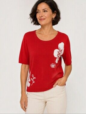 Vintag Napa Valley Red Knit Floral Detail Sweater Medium